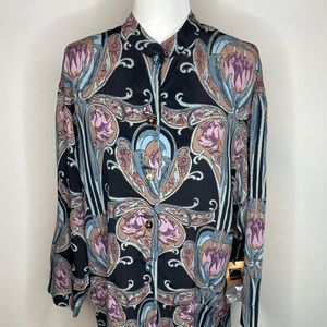 Vintage Carole Little Button Front Tunic Top Sz 6 Black And Blue 3/4 Sleeves